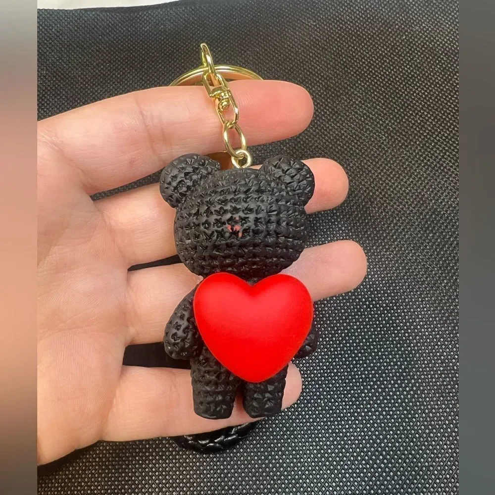 Black Bear Keychain with Red Heart Charm - Picture 5 of 5